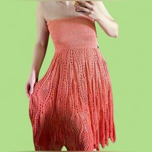 RARE VINTAGE Coral Ombré Crochet, Smocked, Midi Strapless BOHO Dress Or Skirt.